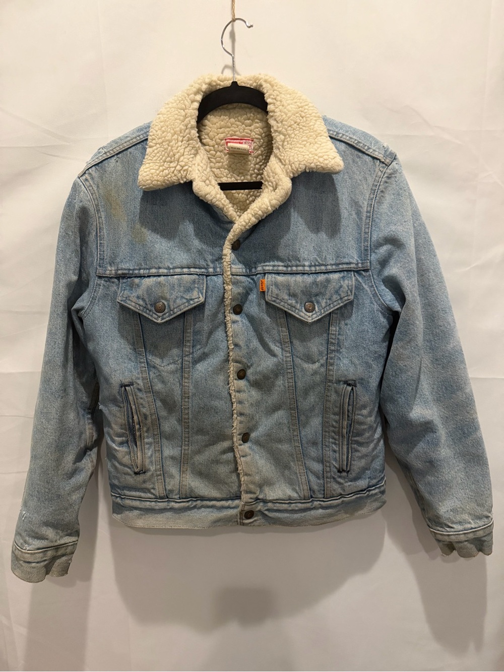 THRASHED Vintage Levi's Sherpa Lined Denim Trucker Jacket Orange Tab.size38.70’s